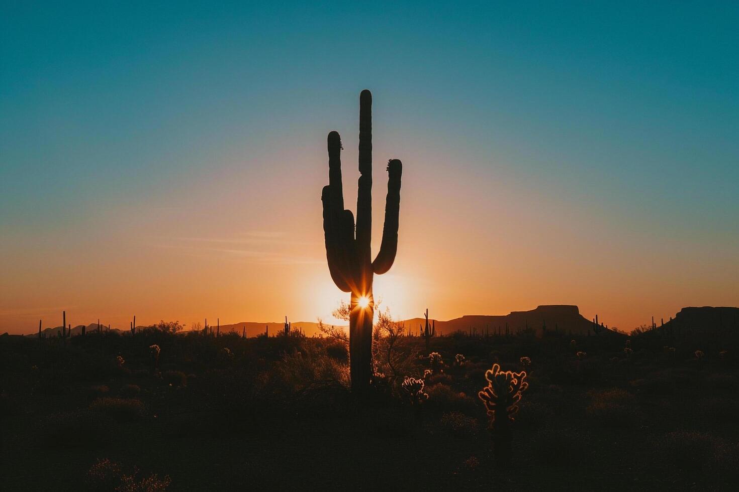 A Saguaro Cactus Stands in the Desert at Sunset with a Scenic Background photo