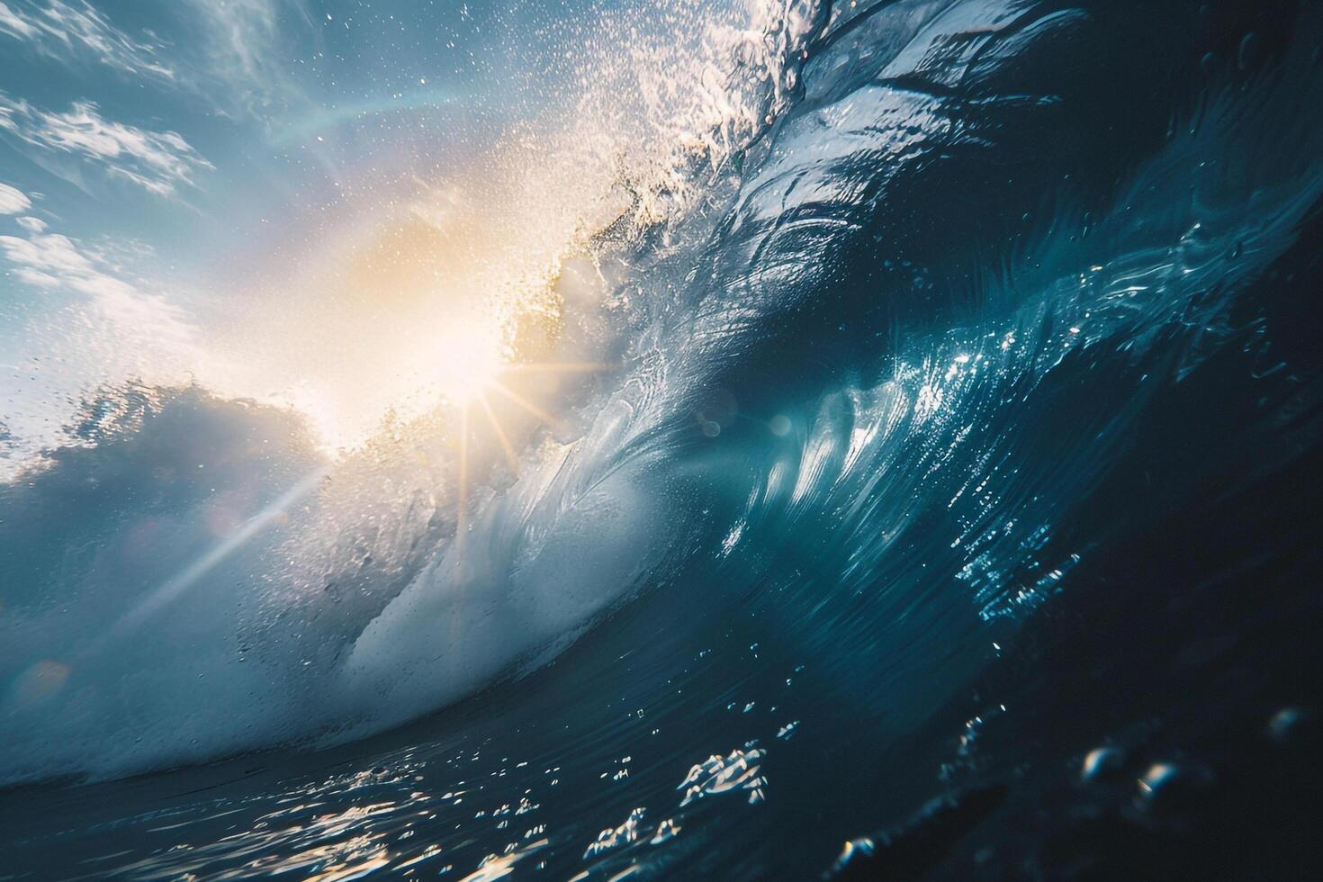A Wave Breaking on the Ocean with the Sun Shining Through with a Scenic Background photo