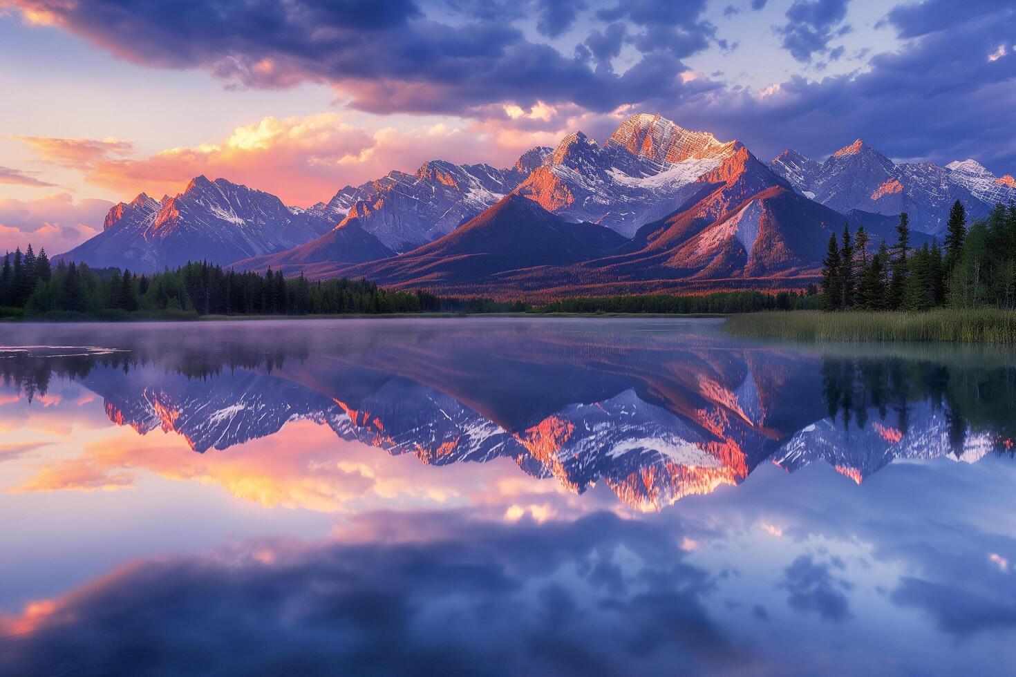 Mountains Reflected in a Lake at Sunset with Background Features photo