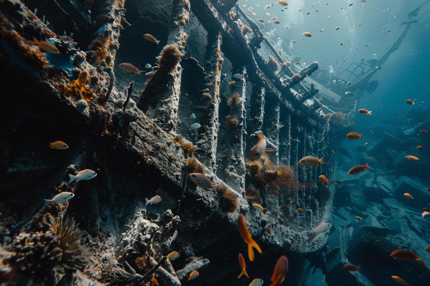 A Shipwreck in the Ocean with Many Fish and Background photo