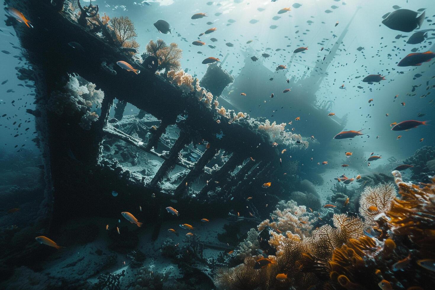 An Underwater View of a Shipwreck and Coral Reef with Background photo