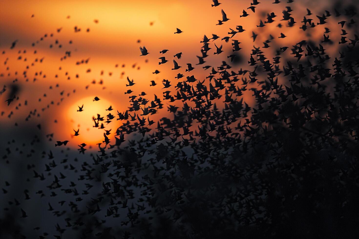 Flock of Birds Flying in the Sky at Sunset Background photo