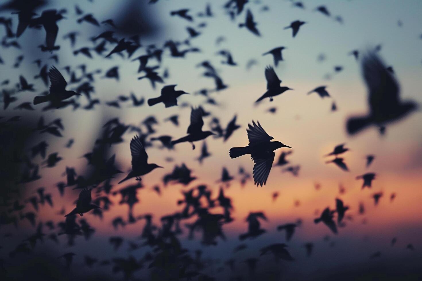 Flock of Birds Flying in the Sky at Sunset Background photo