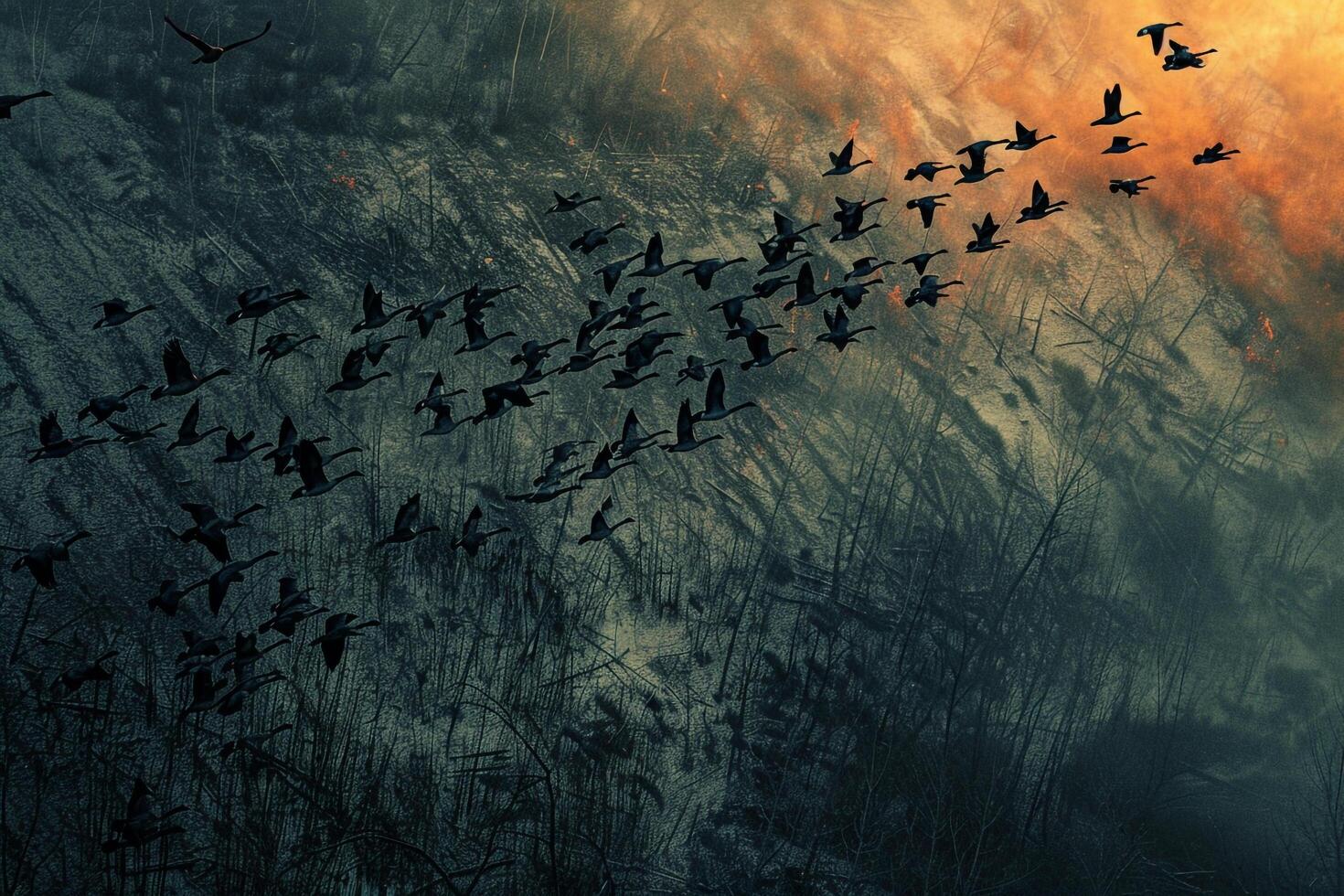Flock of Birds Flying Over a Mountain Background photo
