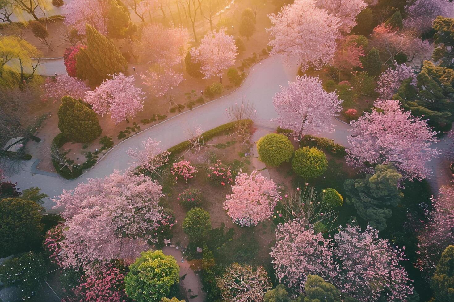 An Aerial View of a Park with Pink Trees Background photo