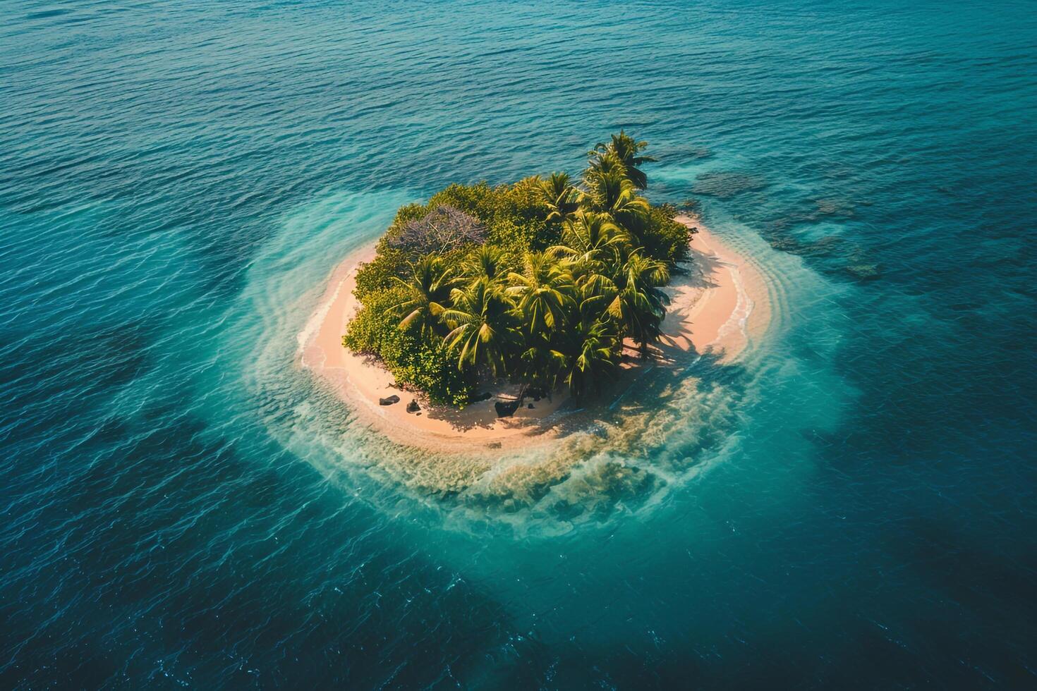 island in the middle of the ocean with palm trees background photo