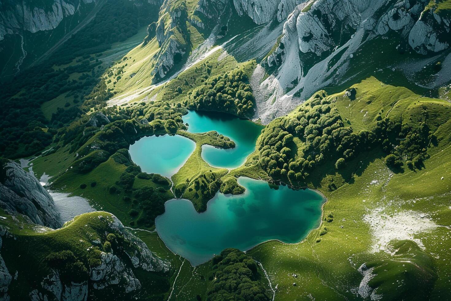 aerial view of lakes in the mountains background photo