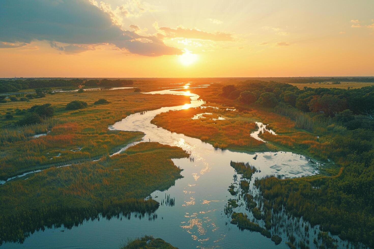 a river flowing through a marshy area at sunset background photo