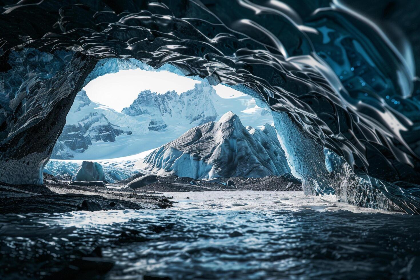 an image of an ice cave with water and snow background photo