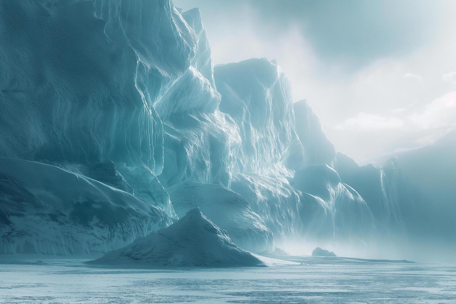 icebergs in the ocean, with a large mountain in the background photo