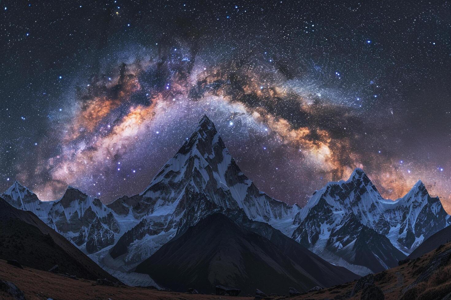 the Milky Way over mountains in the night sky background photo