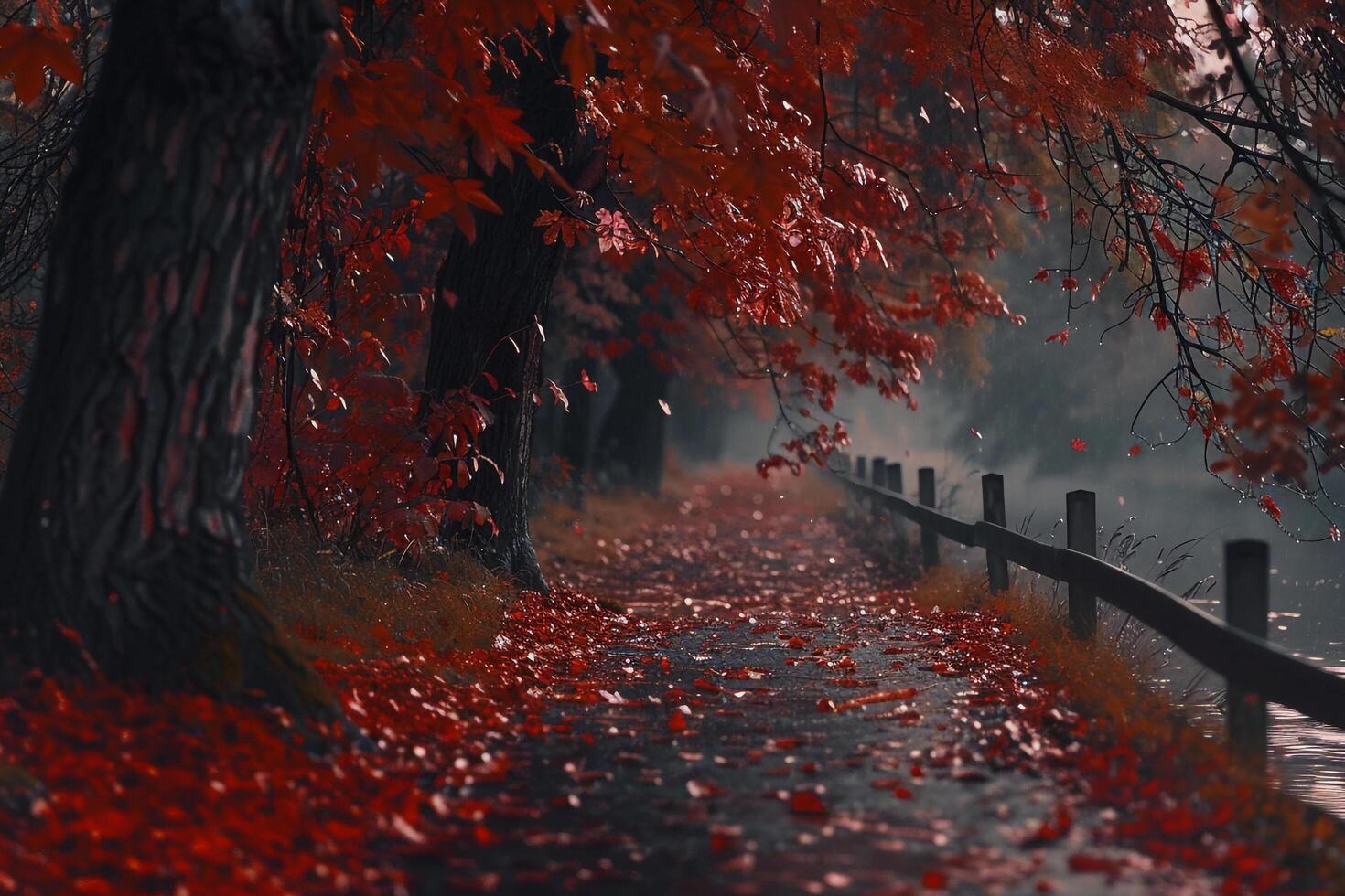 a path lined with red leaves and trees background photo