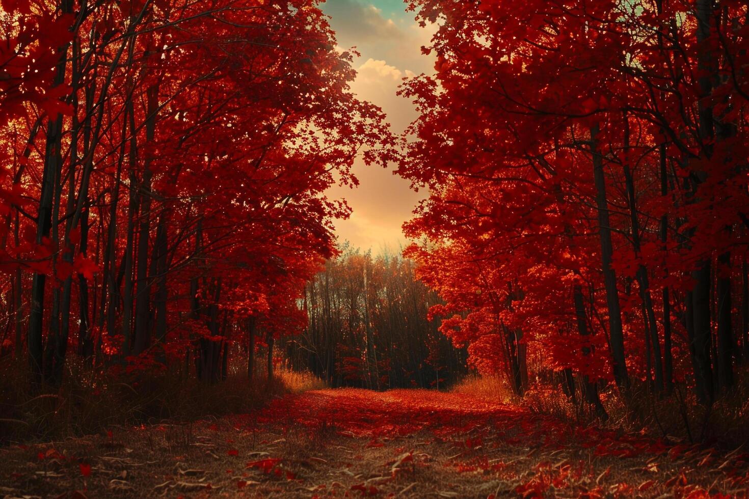 a red road in the middle of a forest background photo