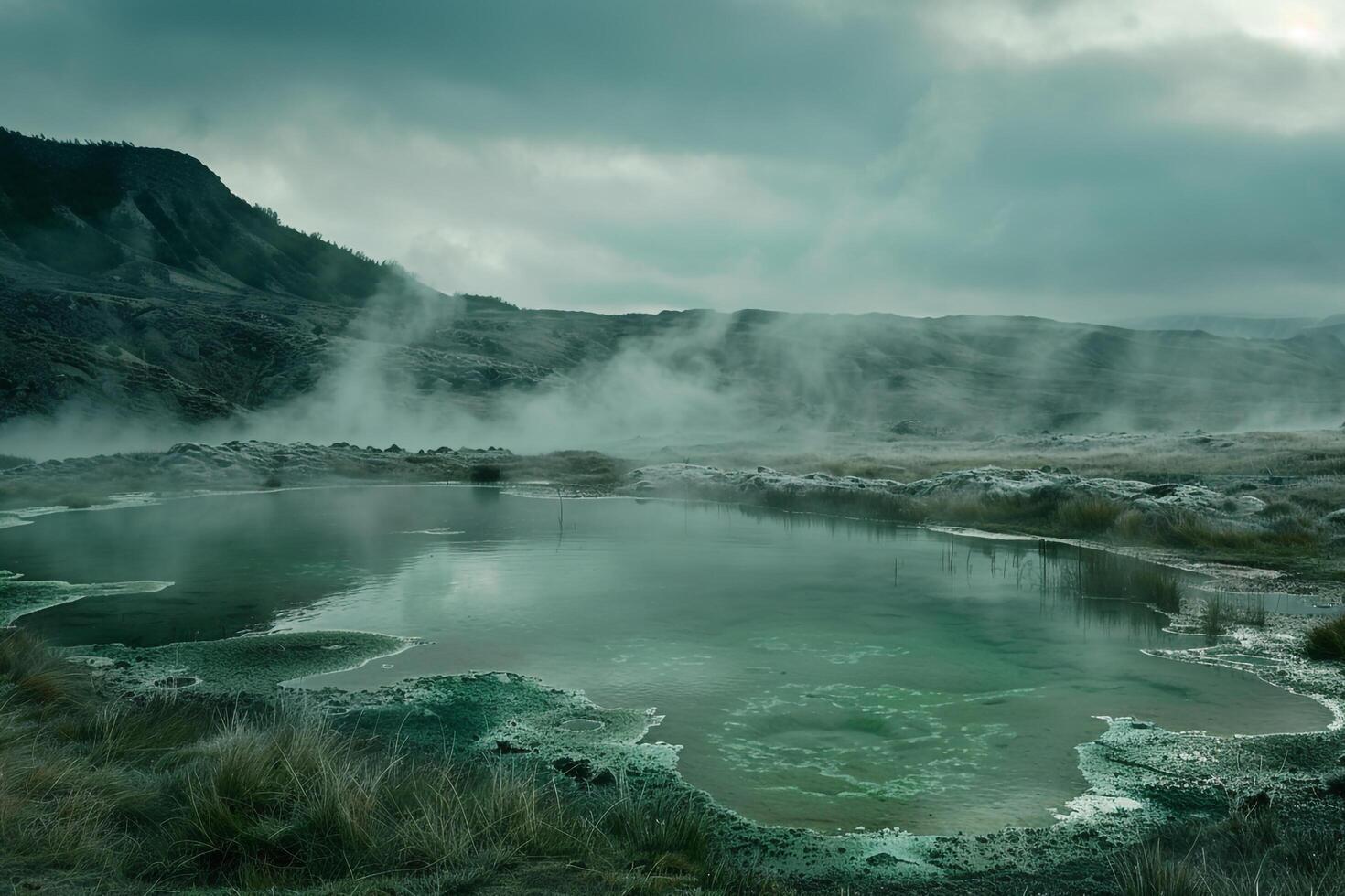 a large pool of water with steam coming out of it background photo