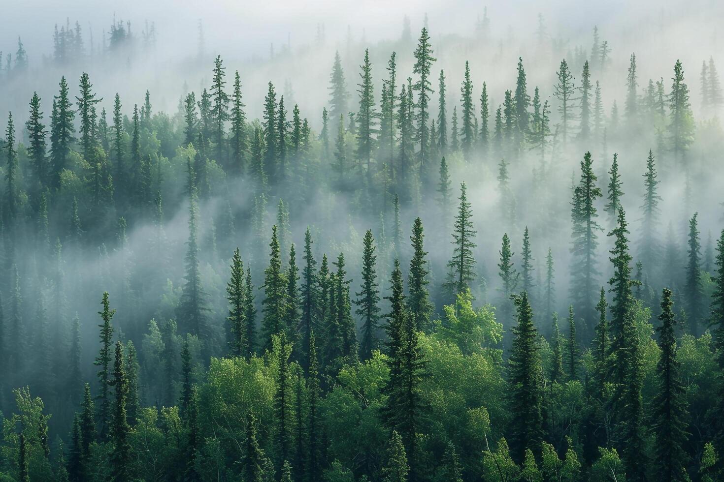 a forest of evergreen trees in the fog background photo