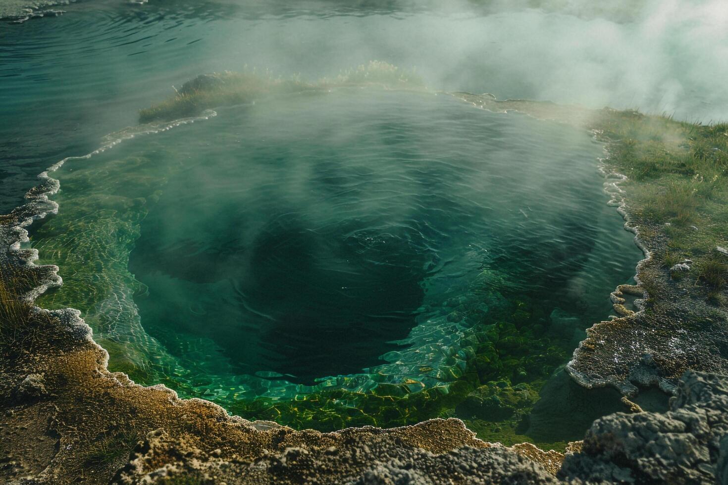 a large hot spring with steam coming out of it background photo