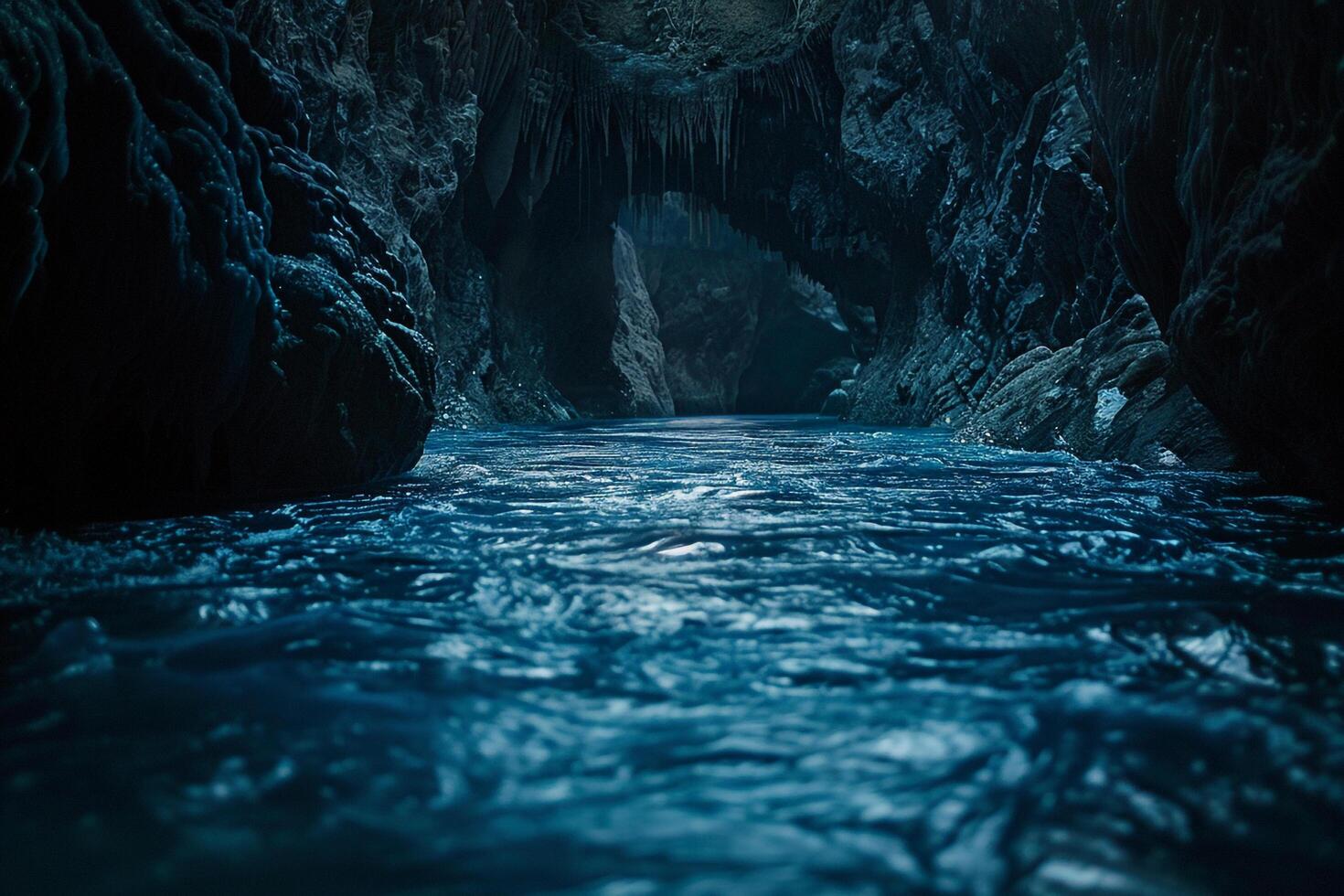 a dark cave with water flowing through it background photo