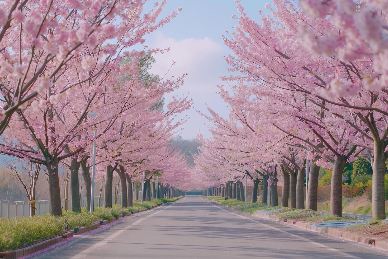 a road lined with pink trees in bloom background photo