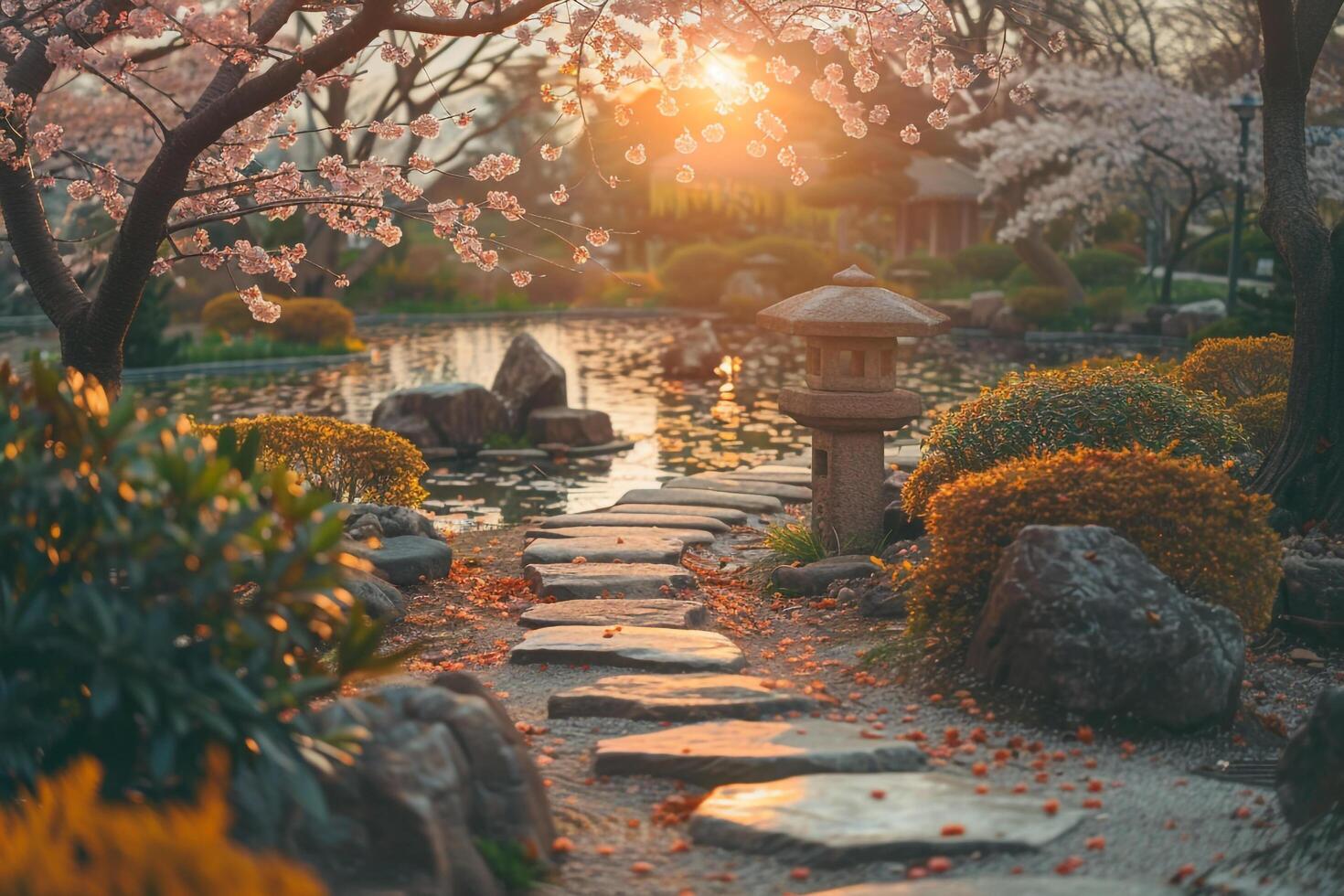 a stone path leads to a pond with cherry blossoms background photo