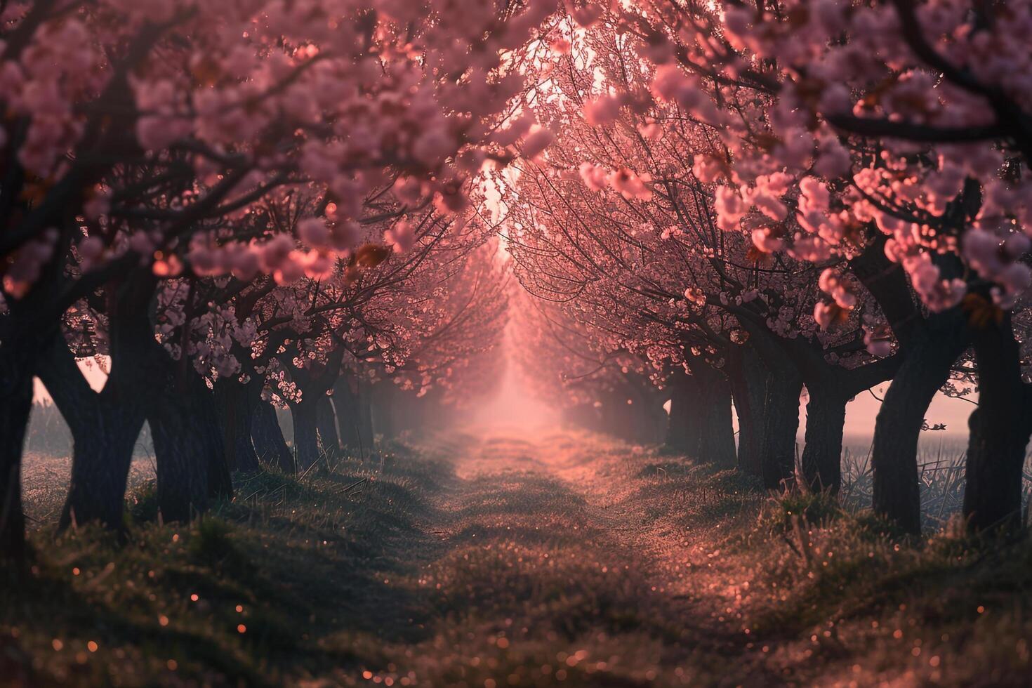 a path lined with trees with pink blossoms background photo