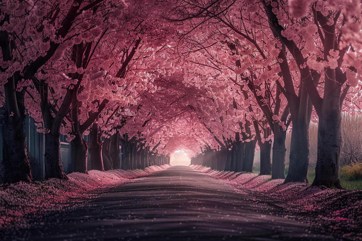 a path lined with pink trees and a light at the end background photo