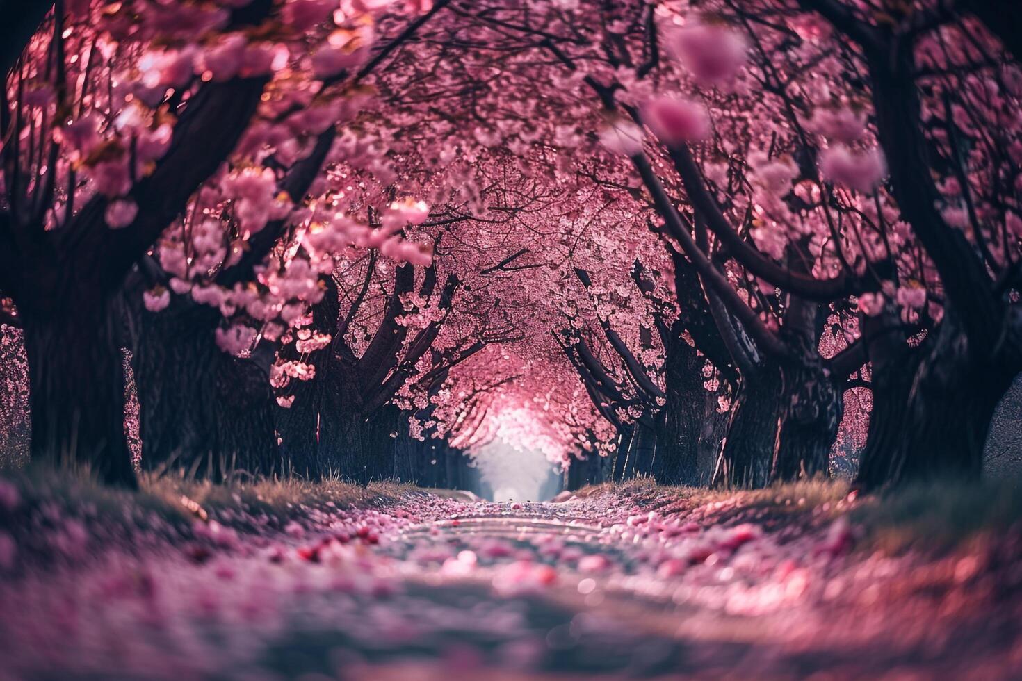 a path lined with pink trees and flowers background photo