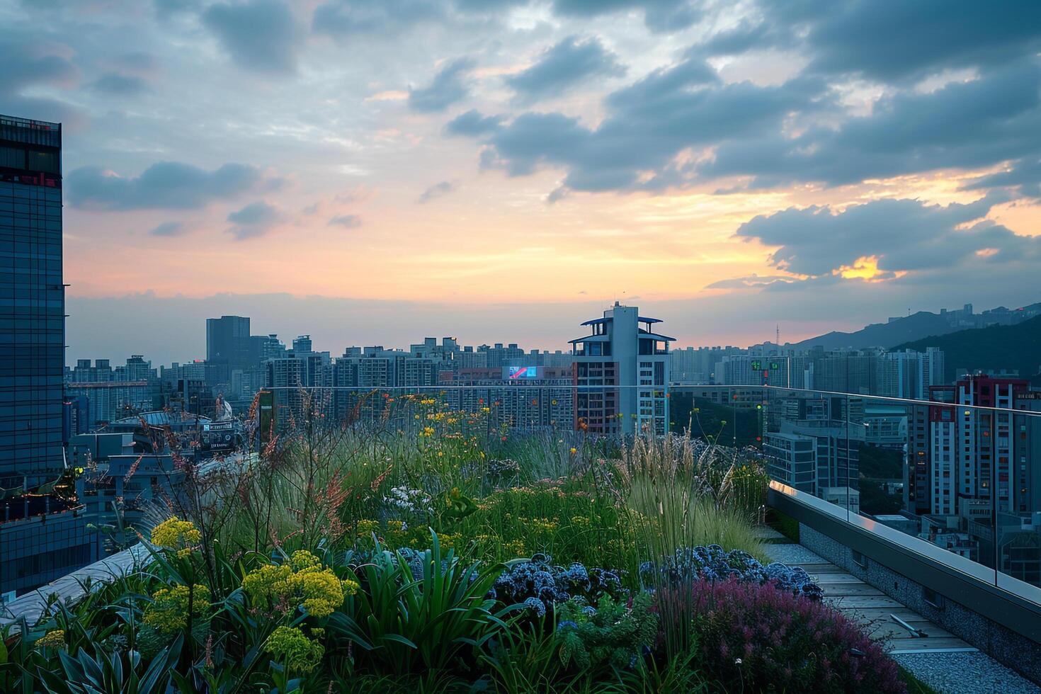 a view of a city skyline from a rooftop background photo