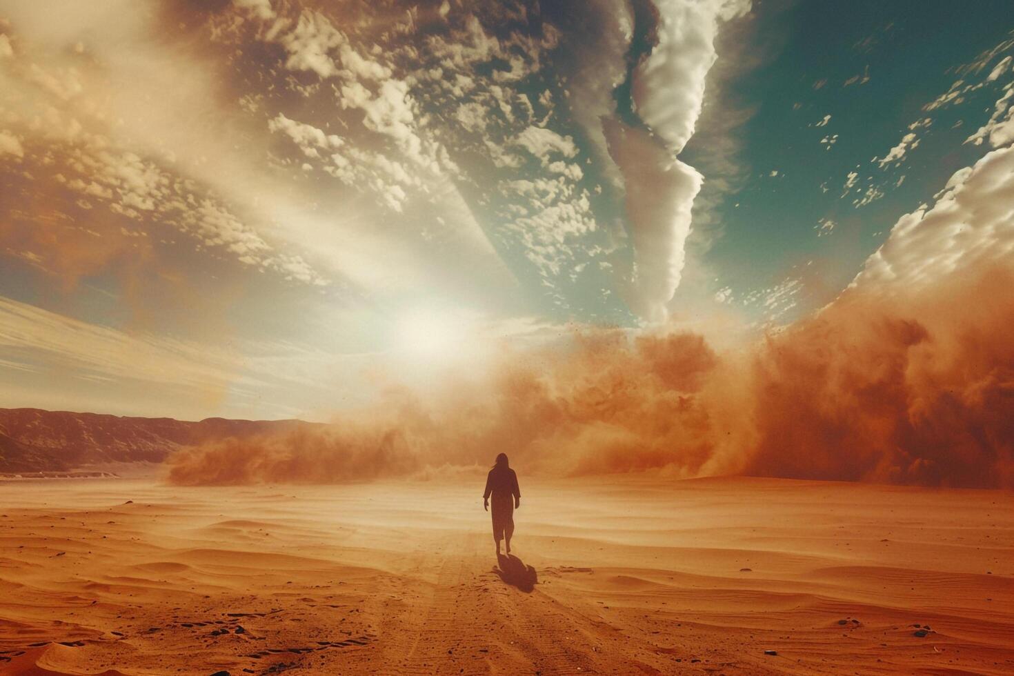 a man walking in the desert with sand blowing in the background photo