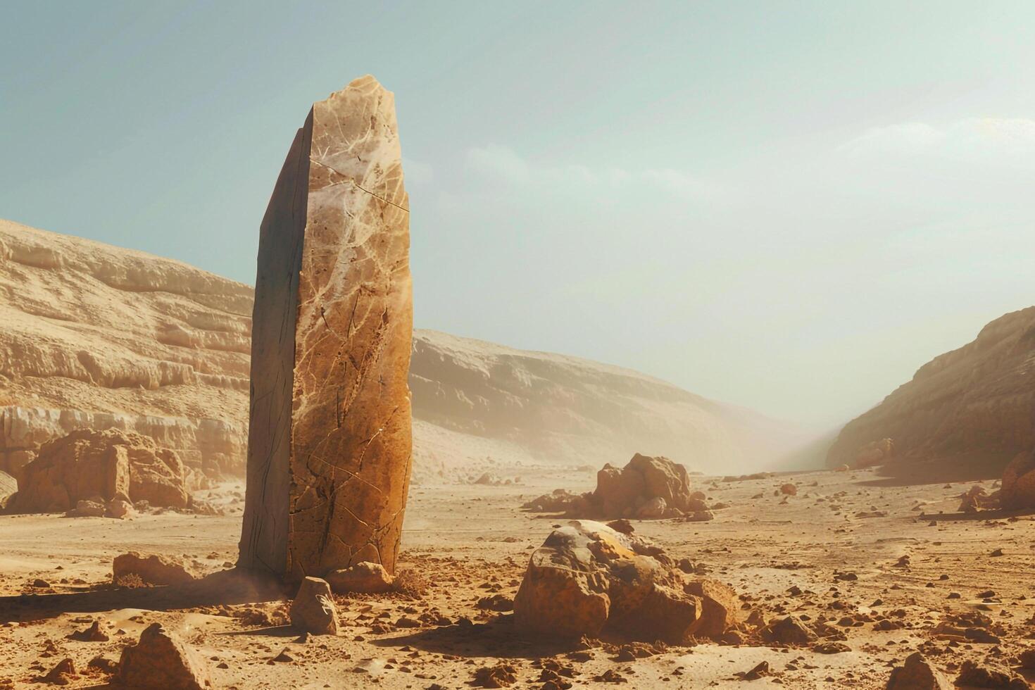 a large stone in the middle of a desert background photo