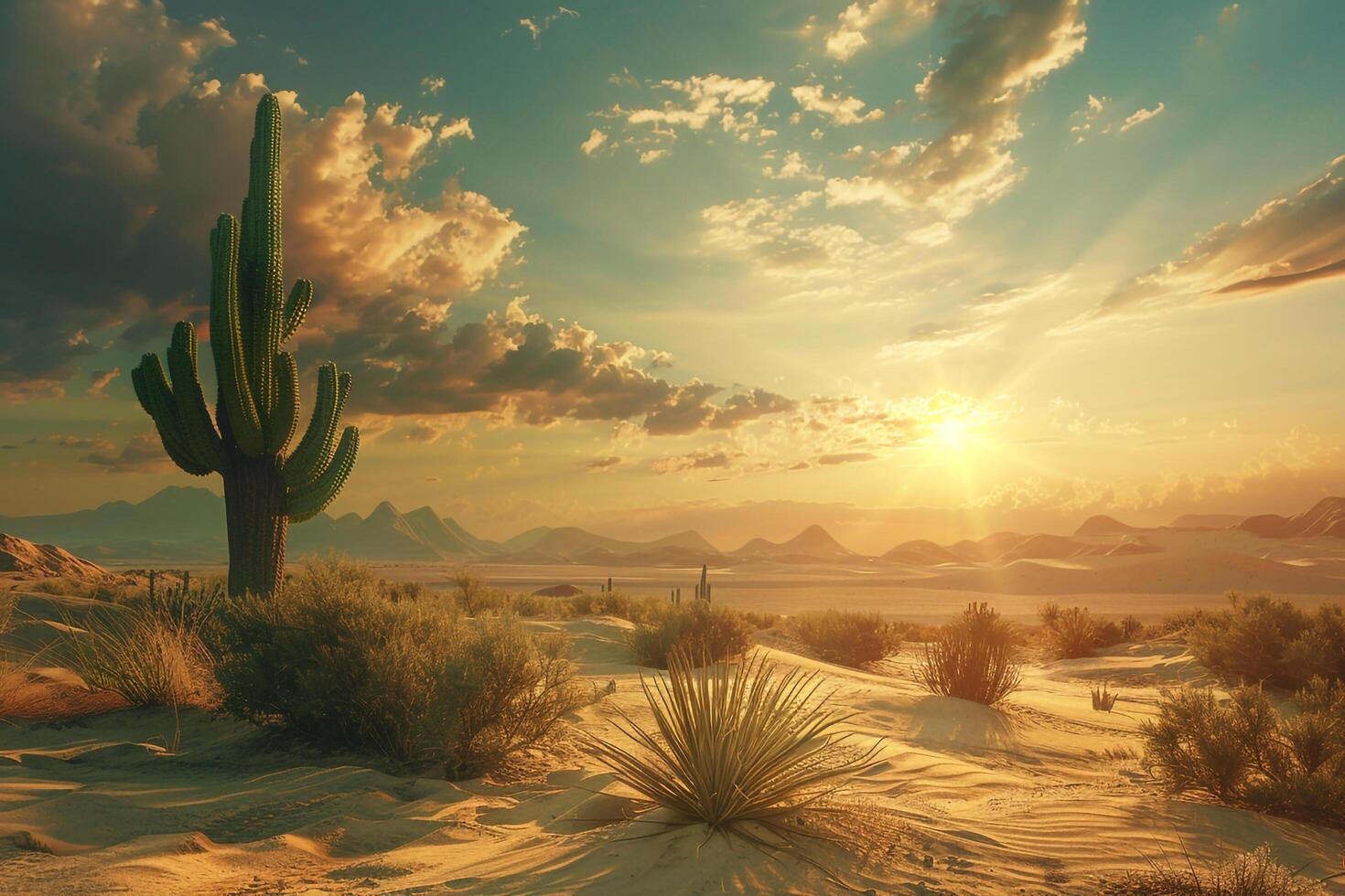 desert landscape with cactus and mountains at sunset background photo