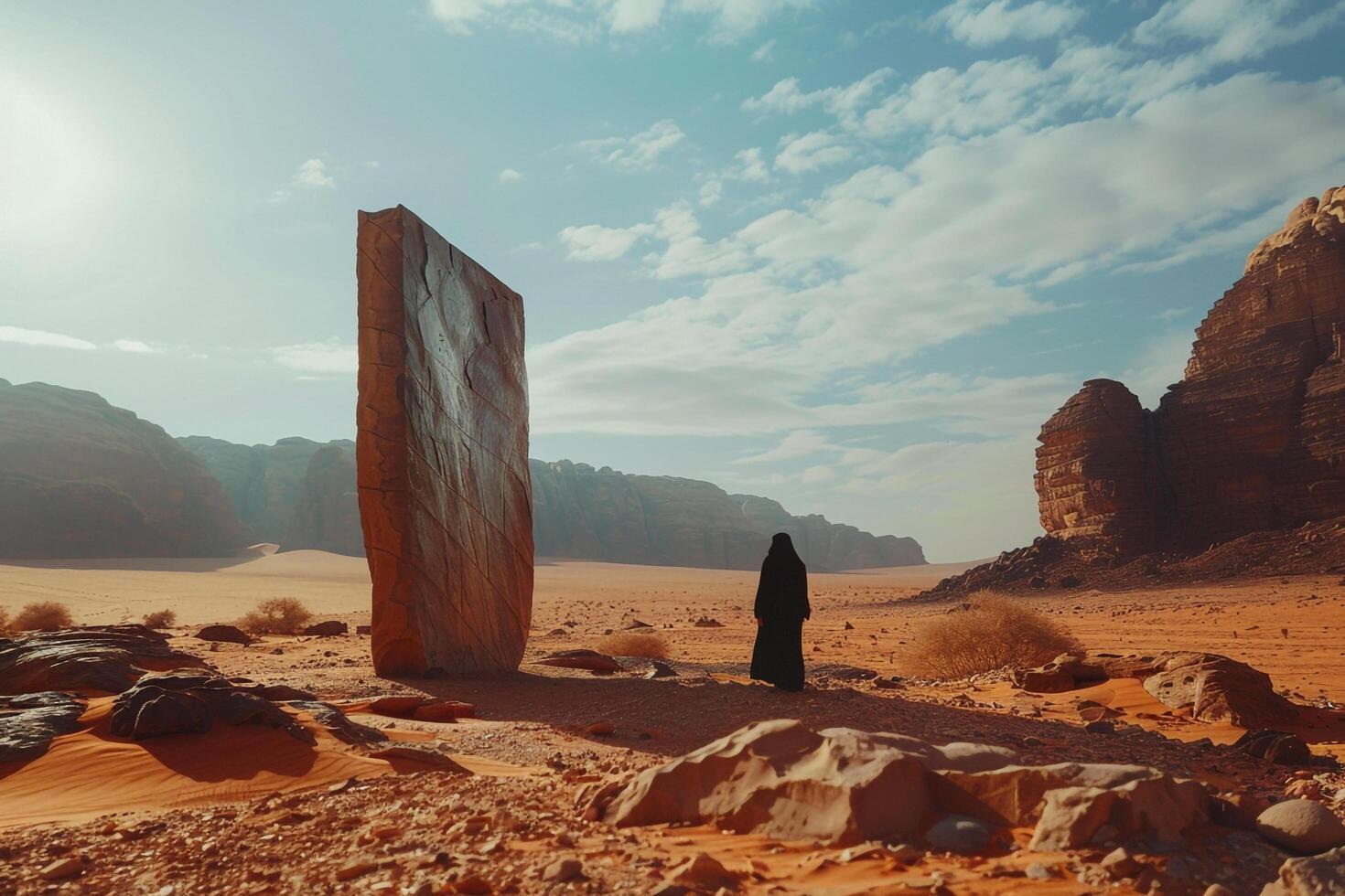 a person standing in the desert near a large stone background photo