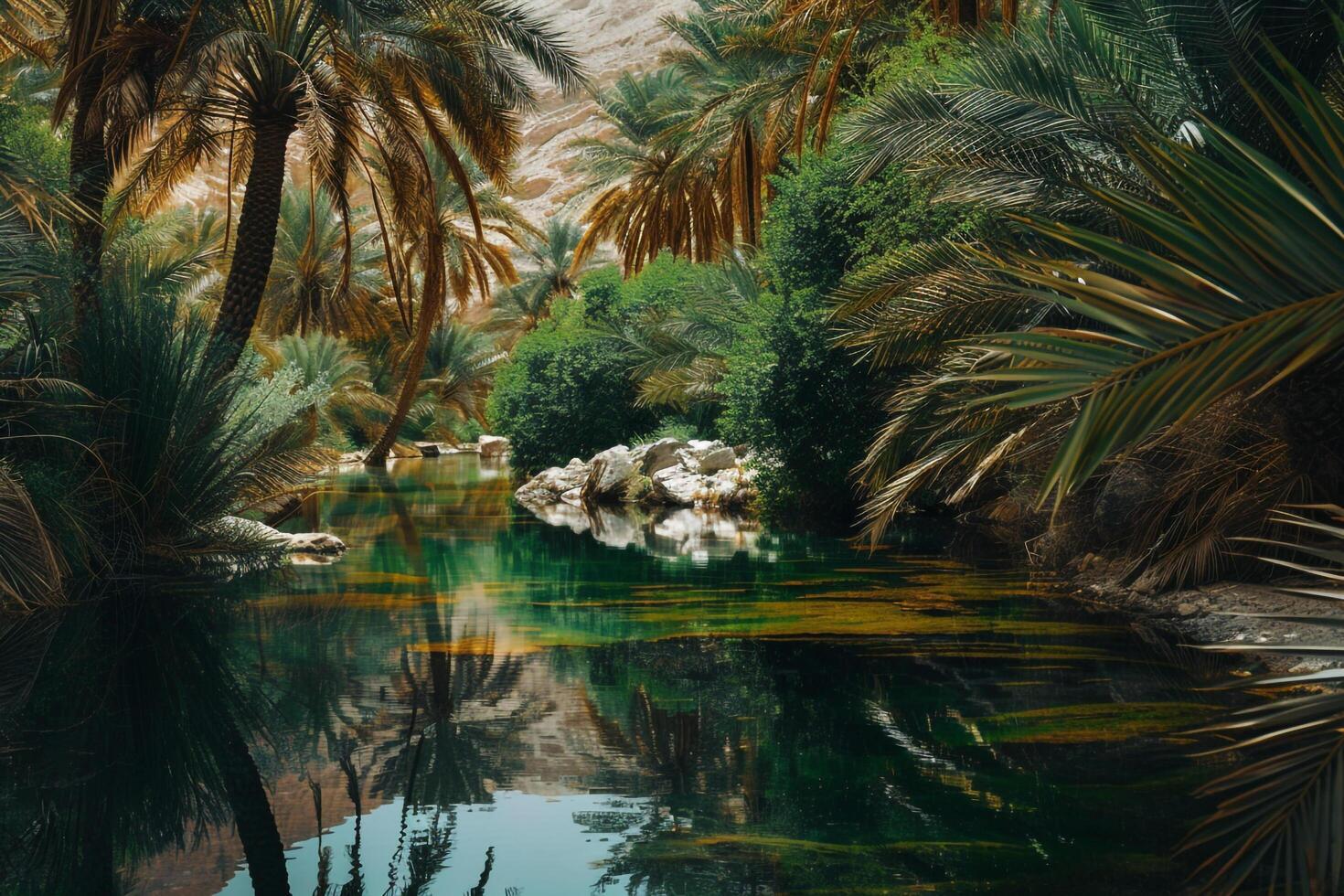 a river surrounded by palm trees and rocks background photo