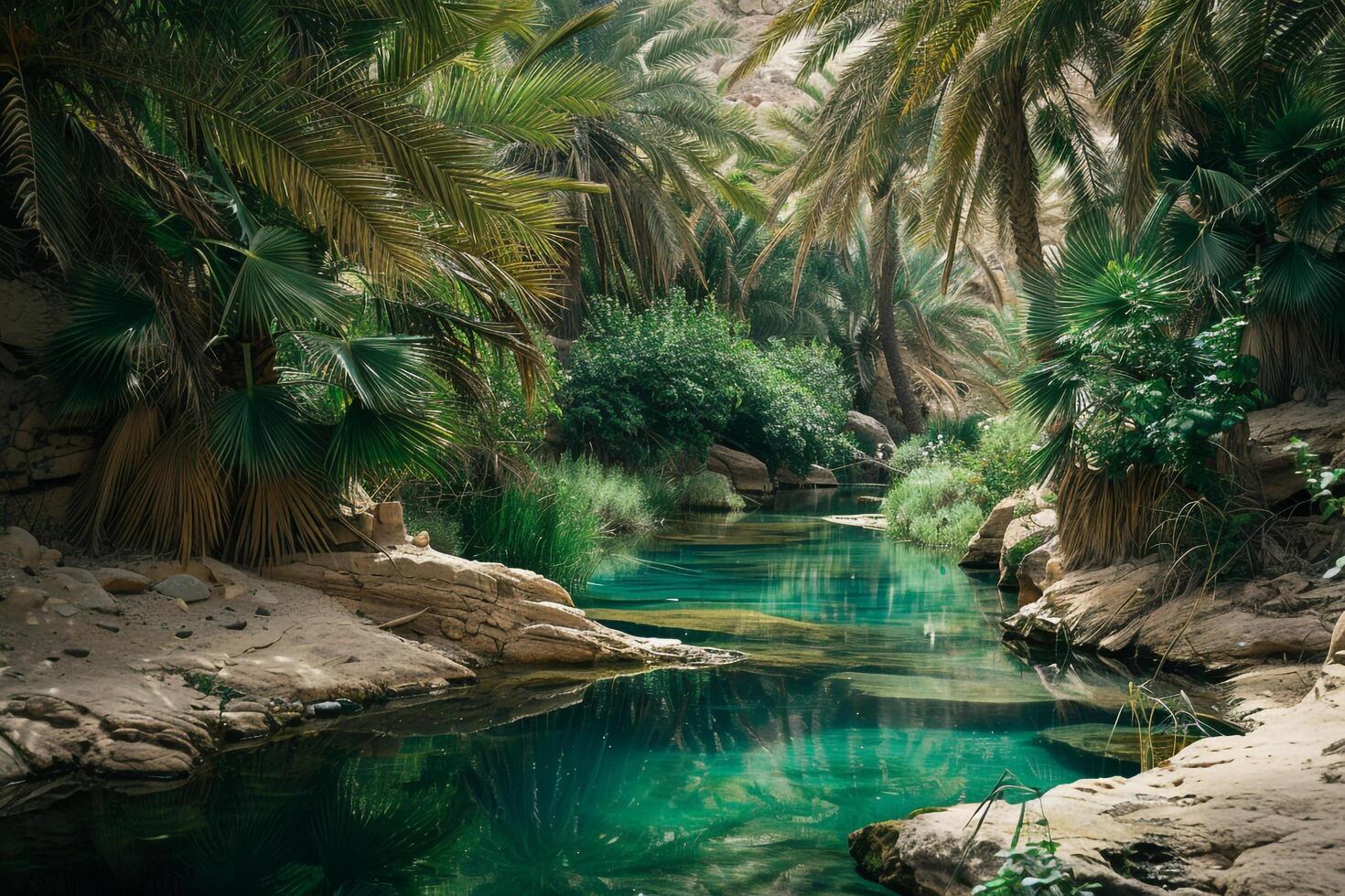 a river surrounded by palm trees and rocks background photo