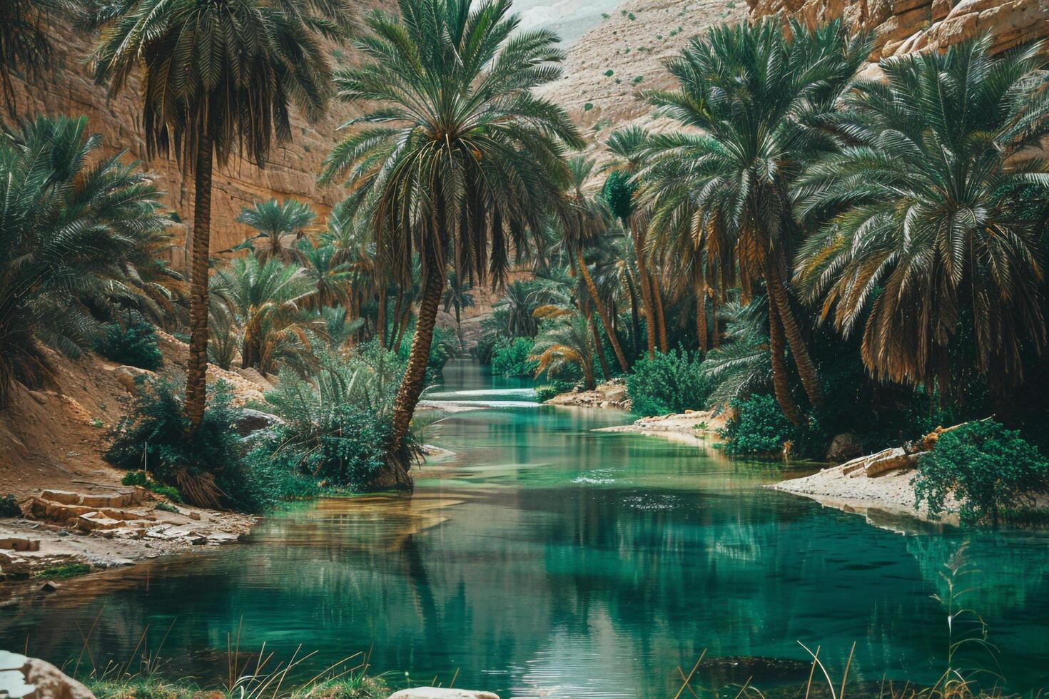 a river surrounded by palm trees in the desert background photo