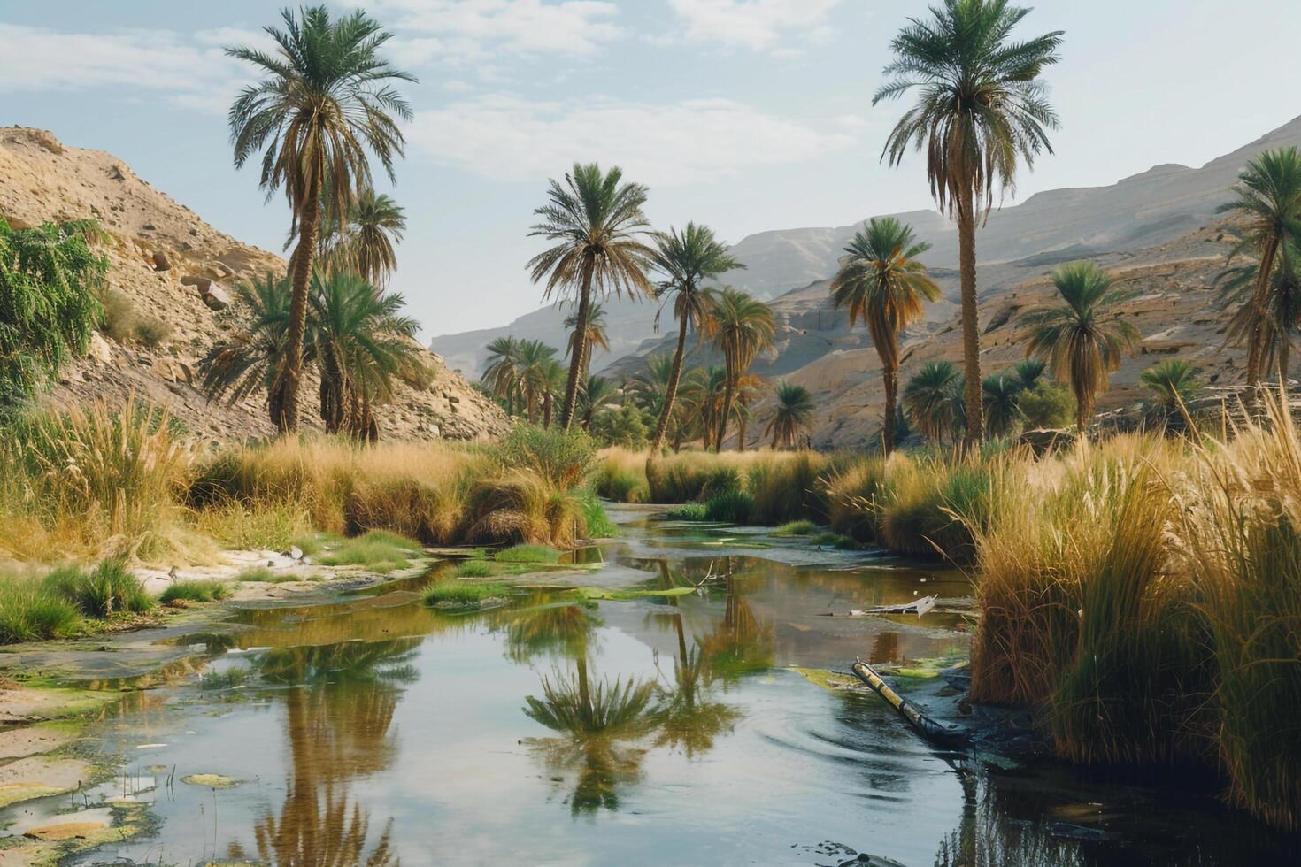 a stream runs through a desert landscape with palm trees background photo