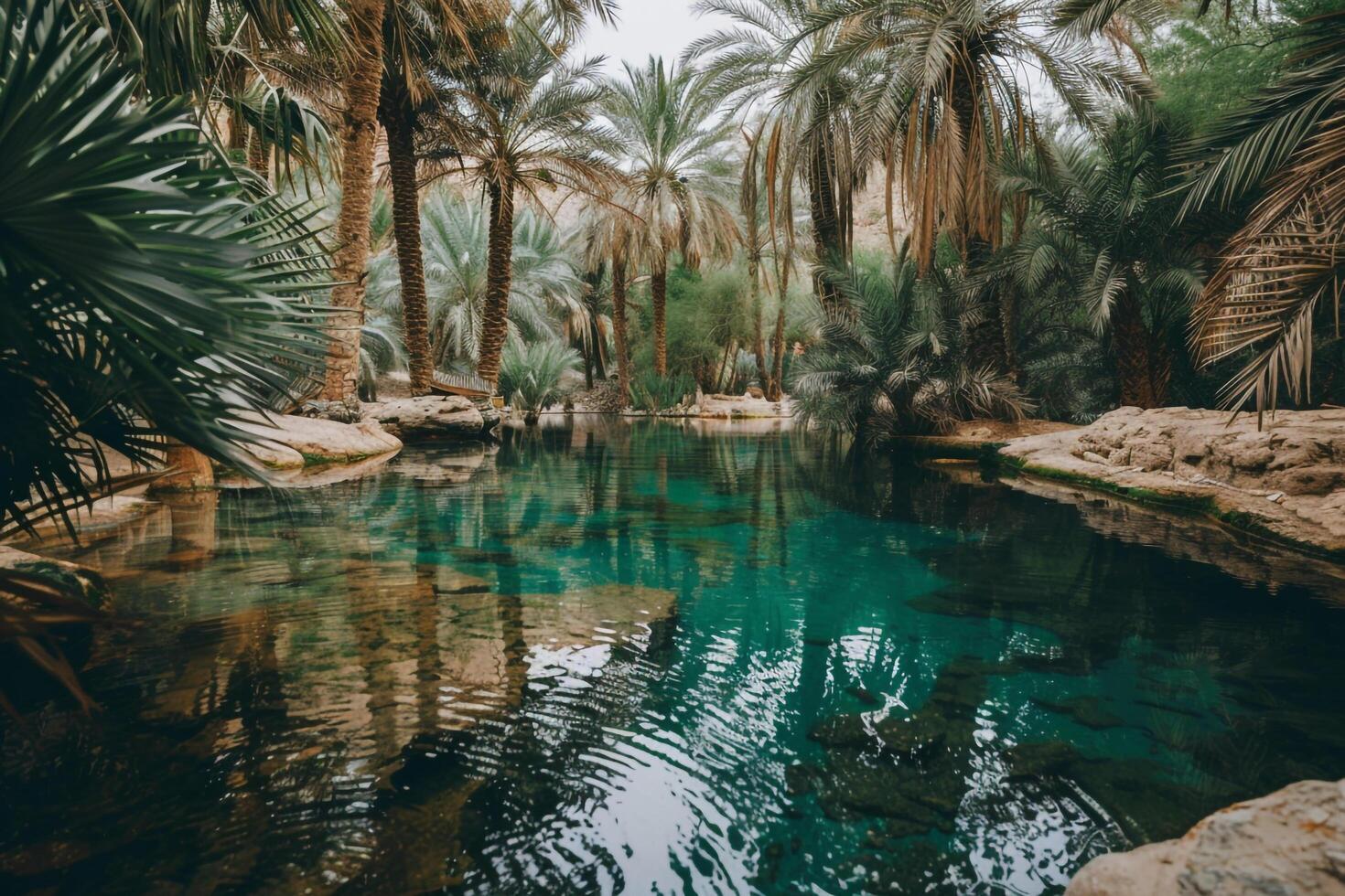 the water in the middle of a palm grove background photo