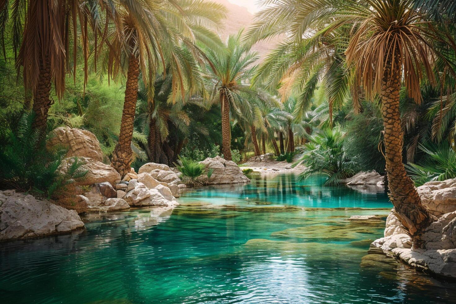 a river surrounded by palm trees and rocks background photo