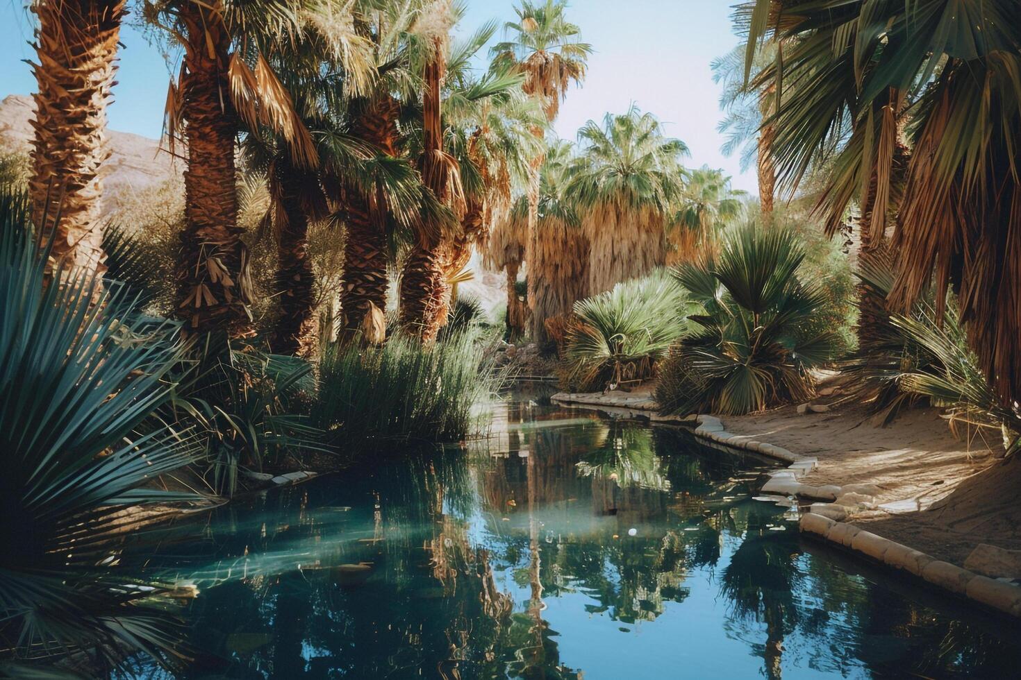 palm trees and water in the desert background photo