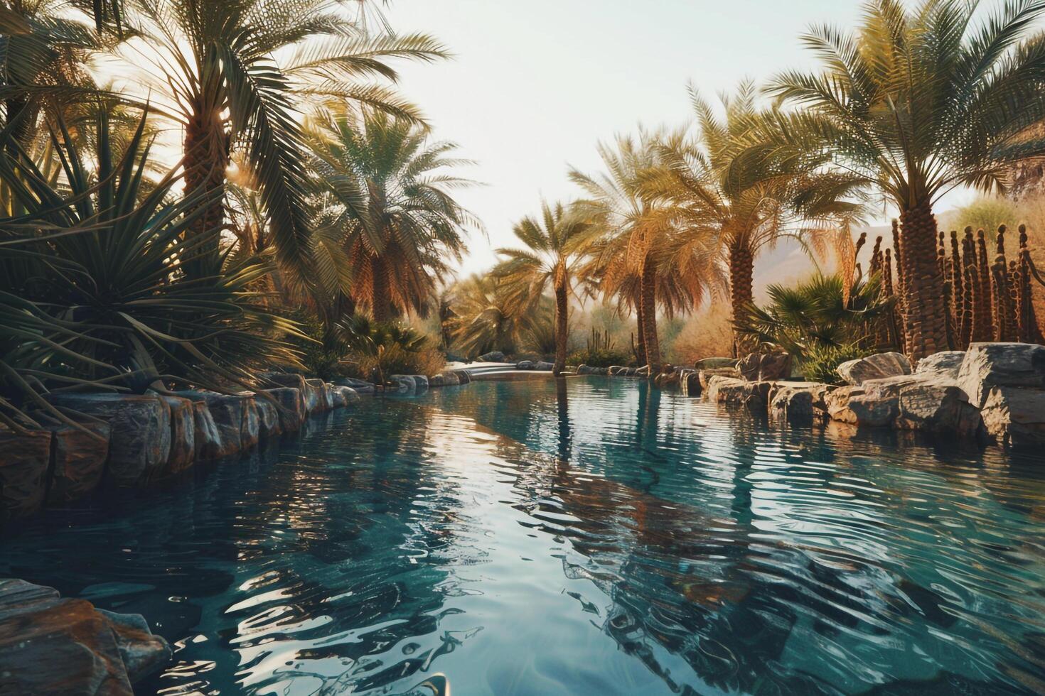a pool surrounded by palm trees and rocks background photo