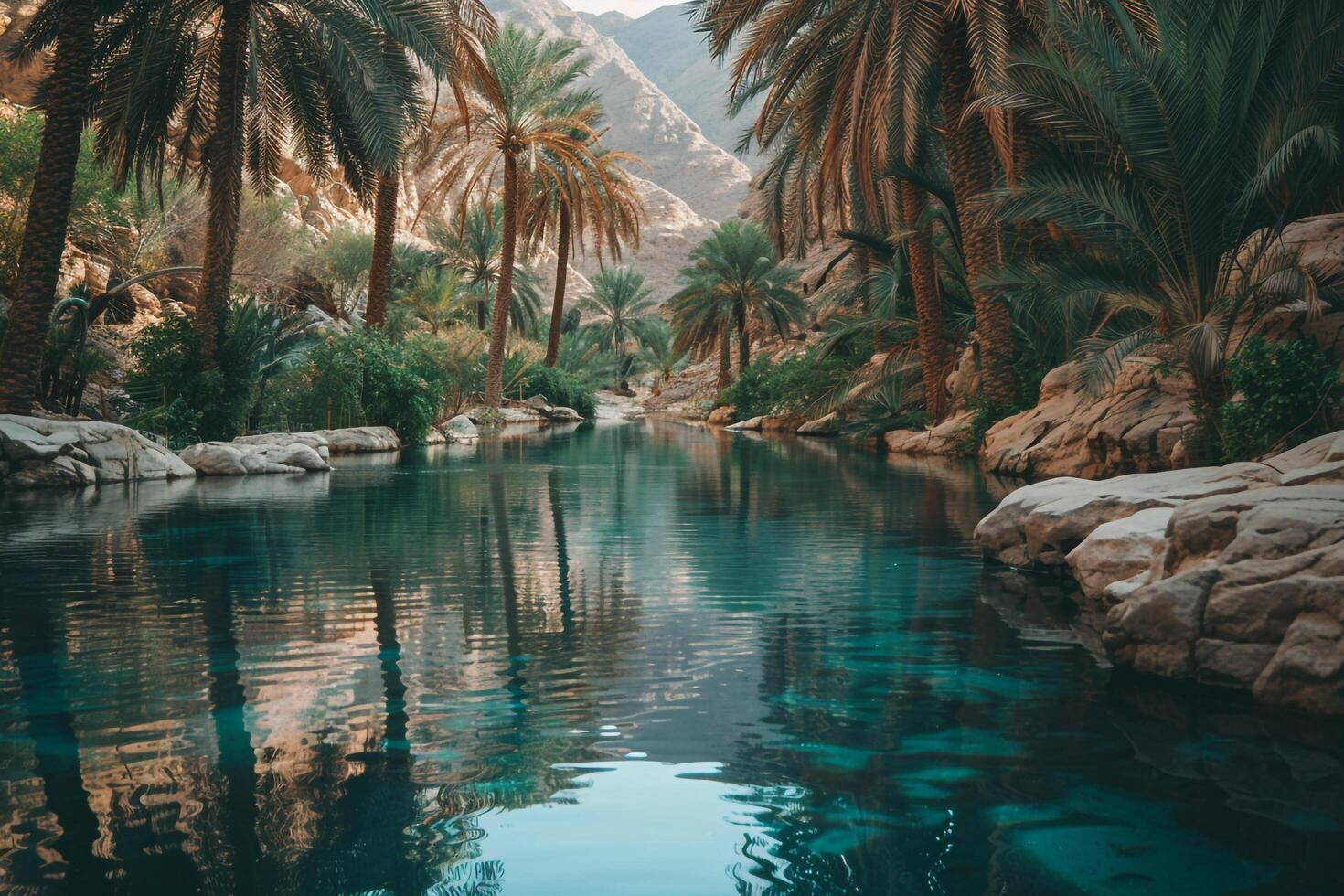 a river surrounded by palm trees and rocks background photo