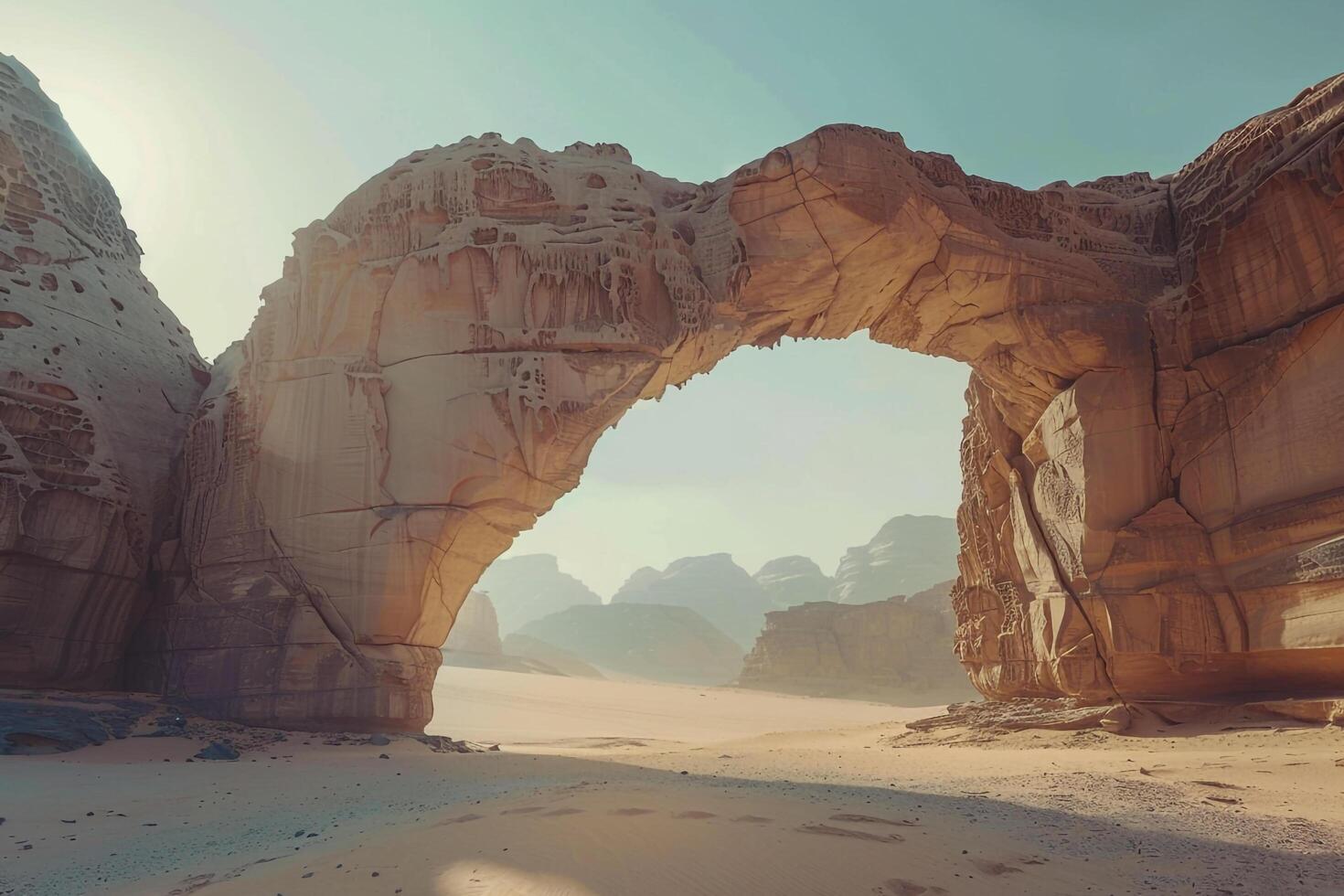 a large arch in the desert with rocks and sand background photo