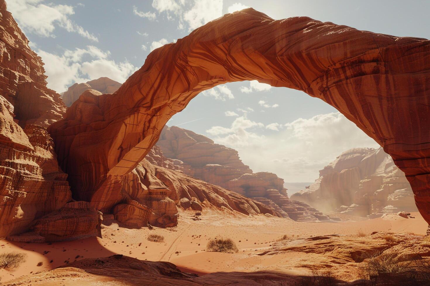 a large arch in the desert with a blue sky background photo