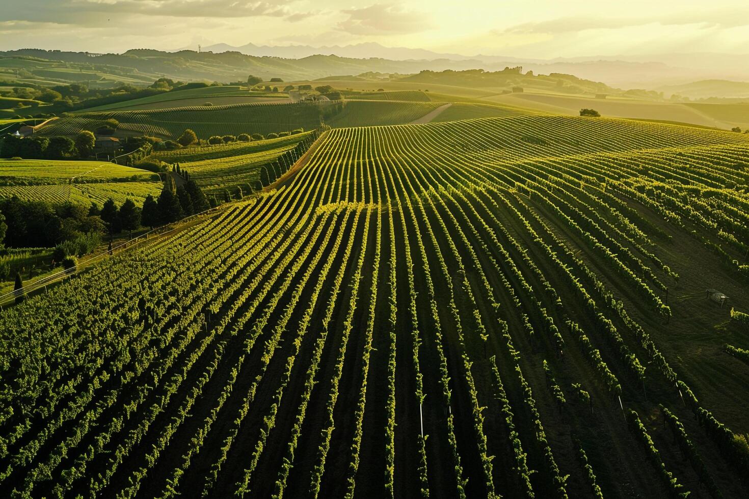 a vineyard field with rows of green plants background photo