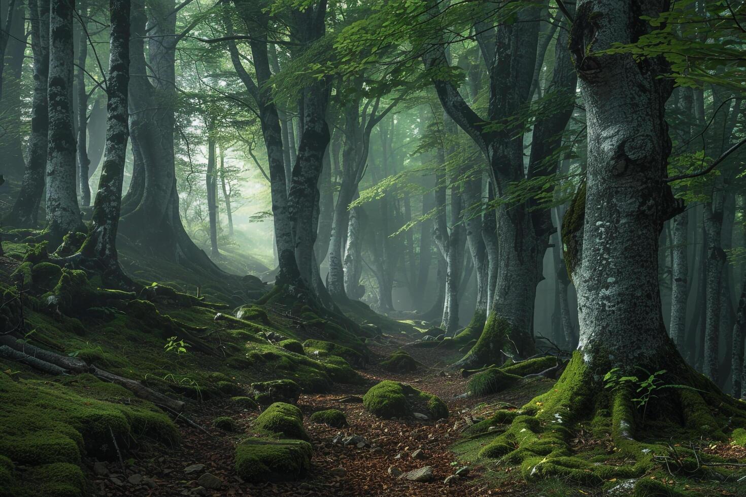 a forest with trees and mossy ground background photo