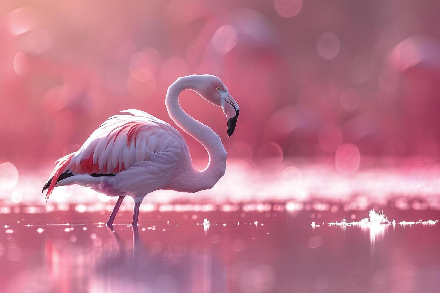 a pink flamingo standing in the water with a pink background photo