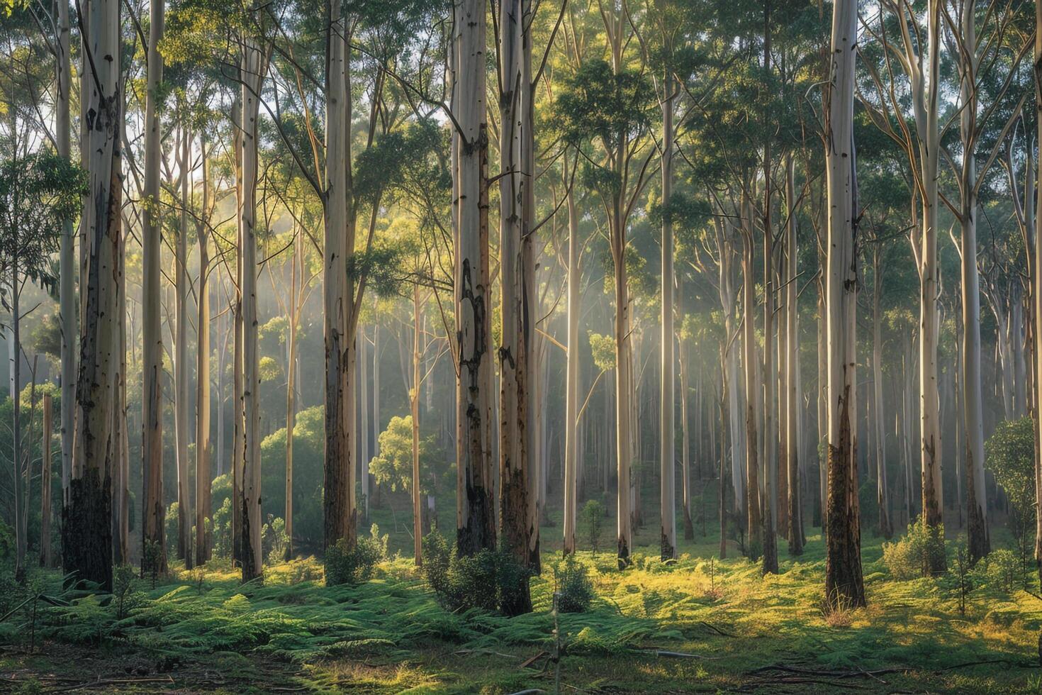 a forest with tall trees and grass background photo