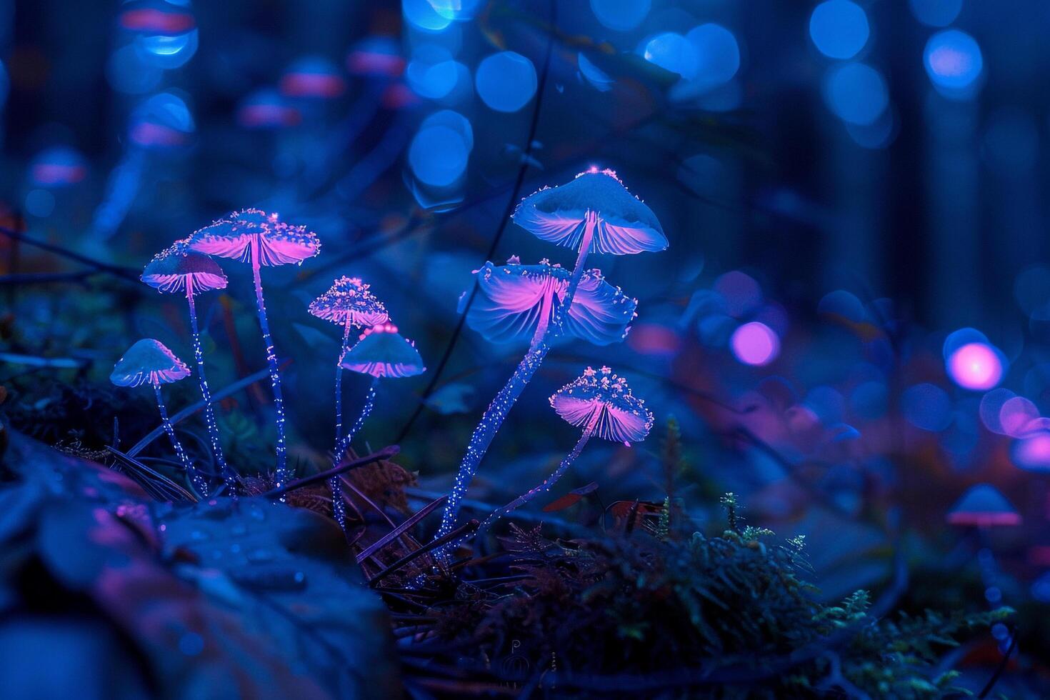 mushrooms in the forest at night with purple lights background photo