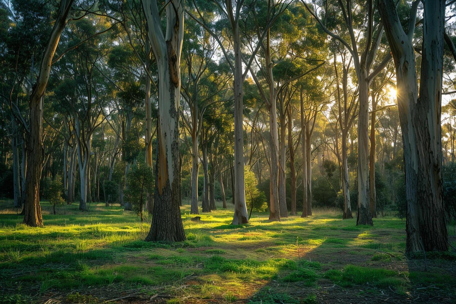 a forest with trees and grass in the sun background photo