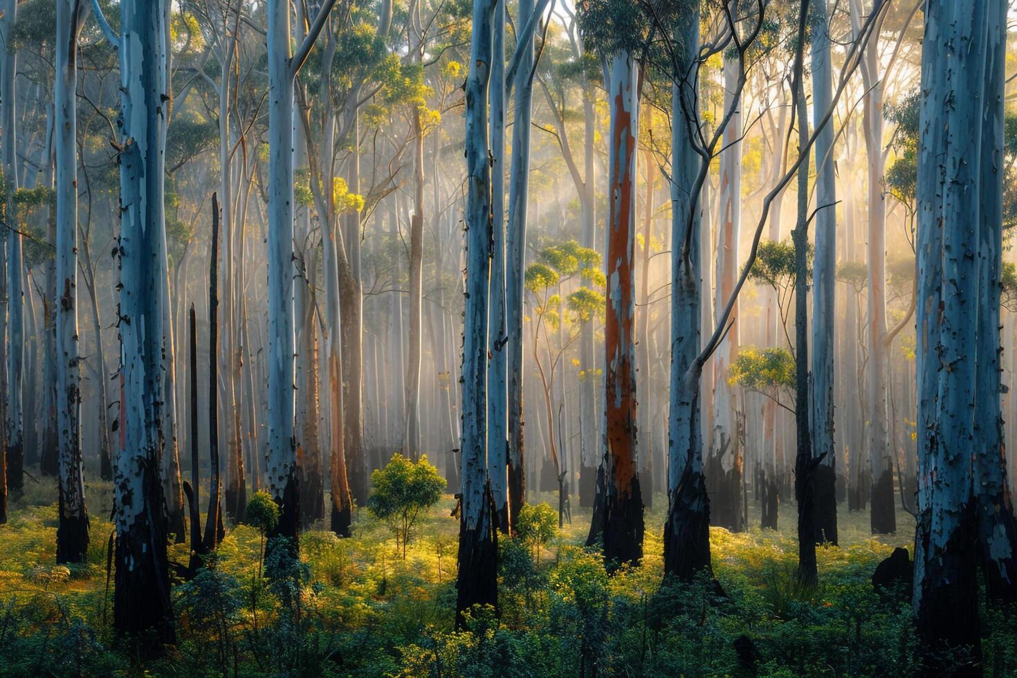 a forest with tall trees and grass background photo