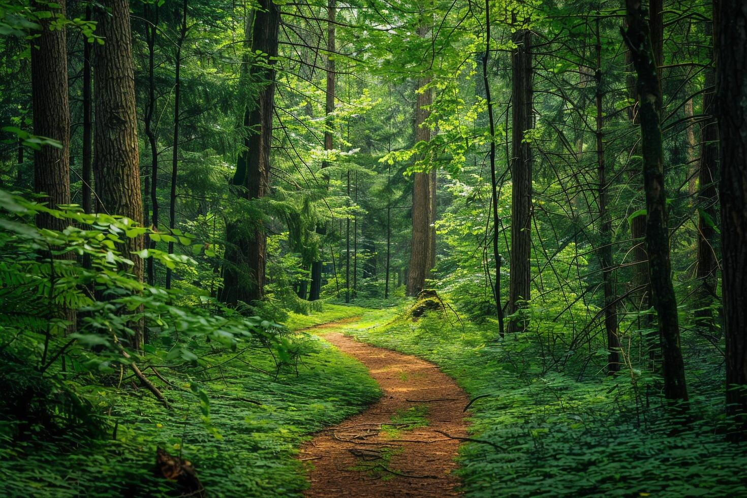 a path through a green forest with trees and grass with background photo